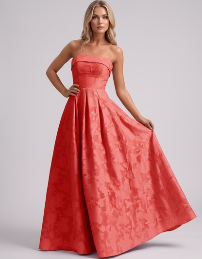 Coral Floral Jacquard Strapless Straight Neck A-Line Maxi Dress | Ramblion | SKU: VM-583104726941852-CORAL-L,VM-583104726941852-CORAL-M,VM-583104726941852-CORAL-S,VM-583104726941852-CORAL-XL,VM-583104726941852-CORAL-XS