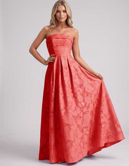 Coral Floral Jacquard Strapless Straight Neck A-Line Maxi Dress | Ramblion | SKU: VM-583104726941852-CORAL-L,VM-583104726941852-CORAL-M,VM-583104726941852-CORAL-S,VM-583104726941852-CORAL-XL,VM-583104726941852-CORAL-XS
