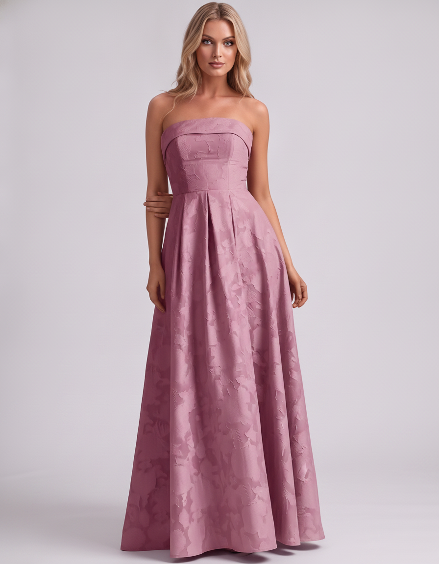 Dusty pink Floral Jacquard Strapless Straight Neck A-Line Maxi Dress | Ramblion | SKU: VM-583104726941852-DUSTYPINK-L,VM-583104726941852-DUSTYPINK-M,VM-583104726941852-DUSTYPINK-S,VM-583104726941852-DUSTYPINK-XL,VM-583104726941852-DUSTYPINK-XS