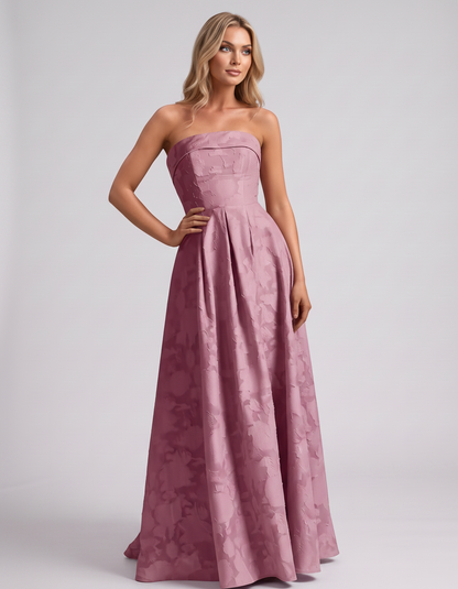 Dusty pink Floral Jacquard Strapless Straight Neck A-Line Maxi Dress | Ramblion | SKU: VM-583104726941852-DUSTYPINK-L,VM-583104726941852-DUSTYPINK-M,VM-583104726941852-DUSTYPINK-S,VM-583104726941852-DUSTYPINK-XL,VM-583104726941852-DUSTYPINK-XS