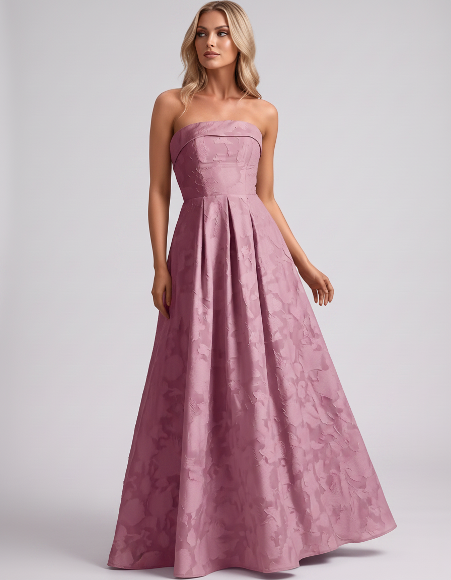 Dusty pink Floral Jacquard Strapless Straight Neck A-Line Maxi Dress | Ramblion | SKU: VM-583104726941852-DUSTYPINK-L,VM-583104726941852-DUSTYPINK-M,VM-583104726941852-DUSTYPINK-S,VM-583104726941852-DUSTYPINK-XL,VM-583104726941852-DUSTYPINK-XS