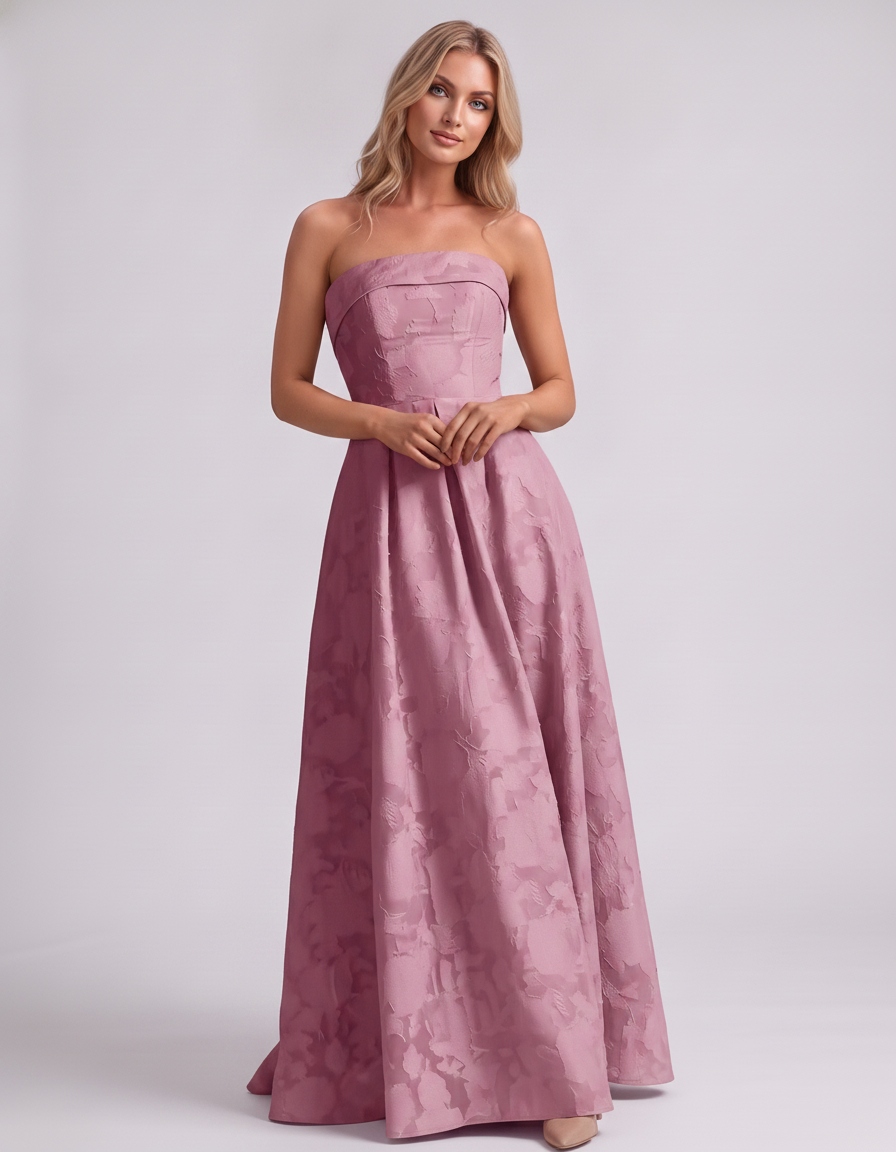 Dusty pink Floral Jacquard Strapless Straight Neck A-Line Maxi Dress | Ramblion | SKU: VM-583104726941852-DUSTYPINK-L,VM-583104726941852-DUSTYPINK-M,VM-583104726941852-DUSTYPINK-S,VM-583104726941852-DUSTYPINK-XL,VM-583104726941852-DUSTYPINK-XS