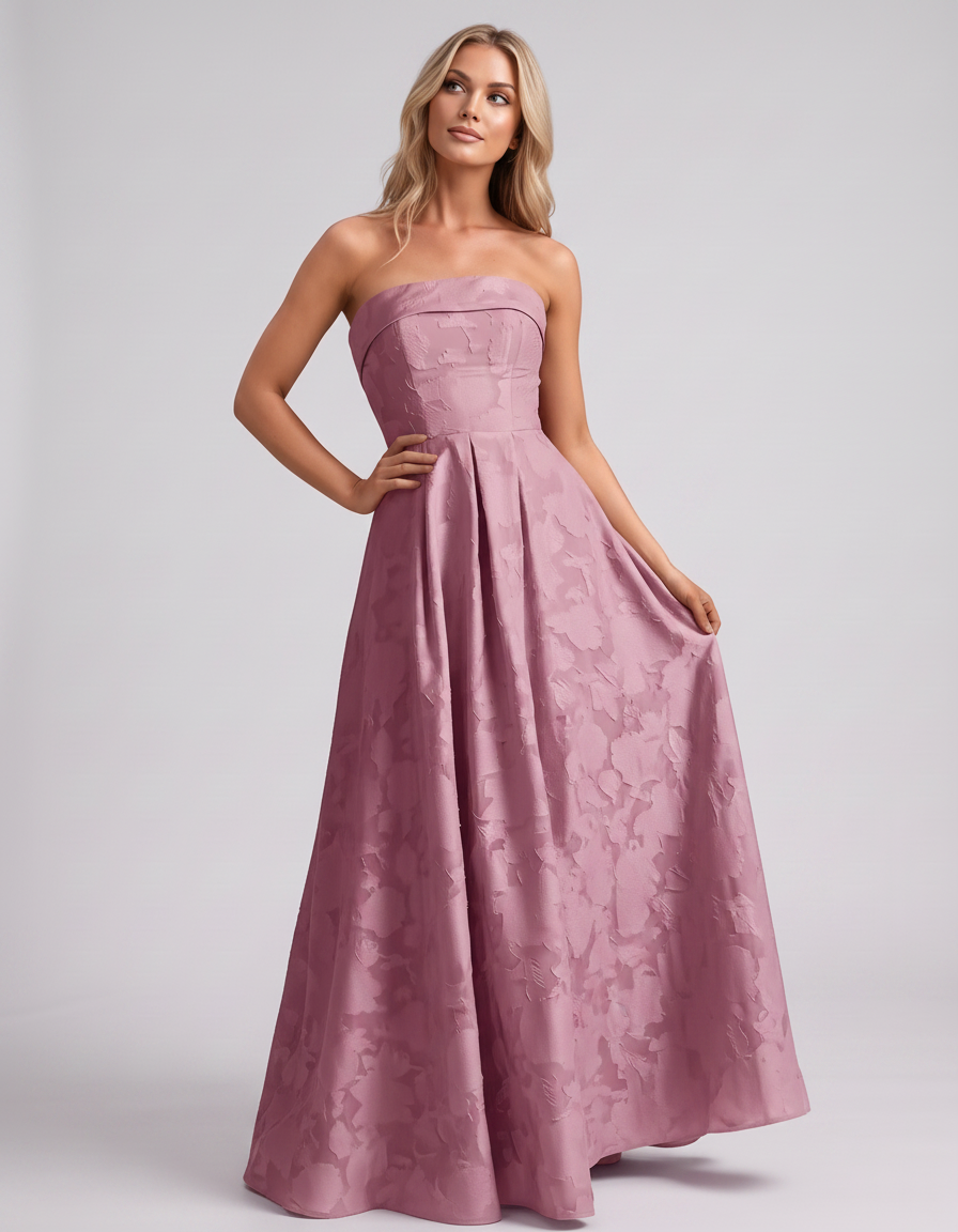 Dusty pink Floral Jacquard Strapless Straight Neck A-Line Maxi Dress | Ramblion | SKU: VM-583104726941852-DUSTYPINK-L,VM-583104726941852-DUSTYPINK-M,VM-583104726941852-DUSTYPINK-S,VM-583104726941852-DUSTYPINK-XL,VM-583104726941852-DUSTYPINK-XS