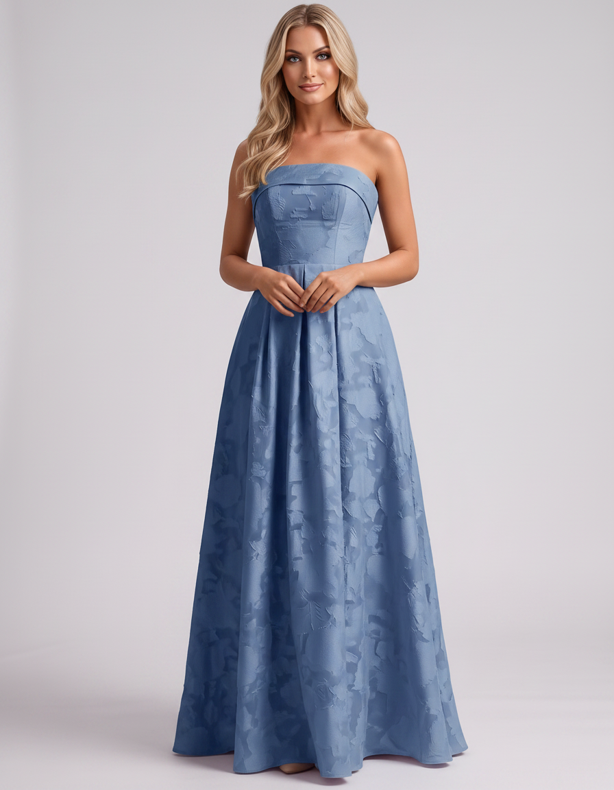 Dusty blue Floral Jacquard Strapless Straight Neck A-Line Maxi Dress | Ramblion | SKU: VM-583104726941852-DUSTYBLUE-L,VM-583104726941852-DUSTYBLUE-M,VM-583104726941852-DUSTYBLUE-S,VM-583104726941852-DUSTYBLUE-XL,VM-583104726941852-DUSTYBLUE-XS