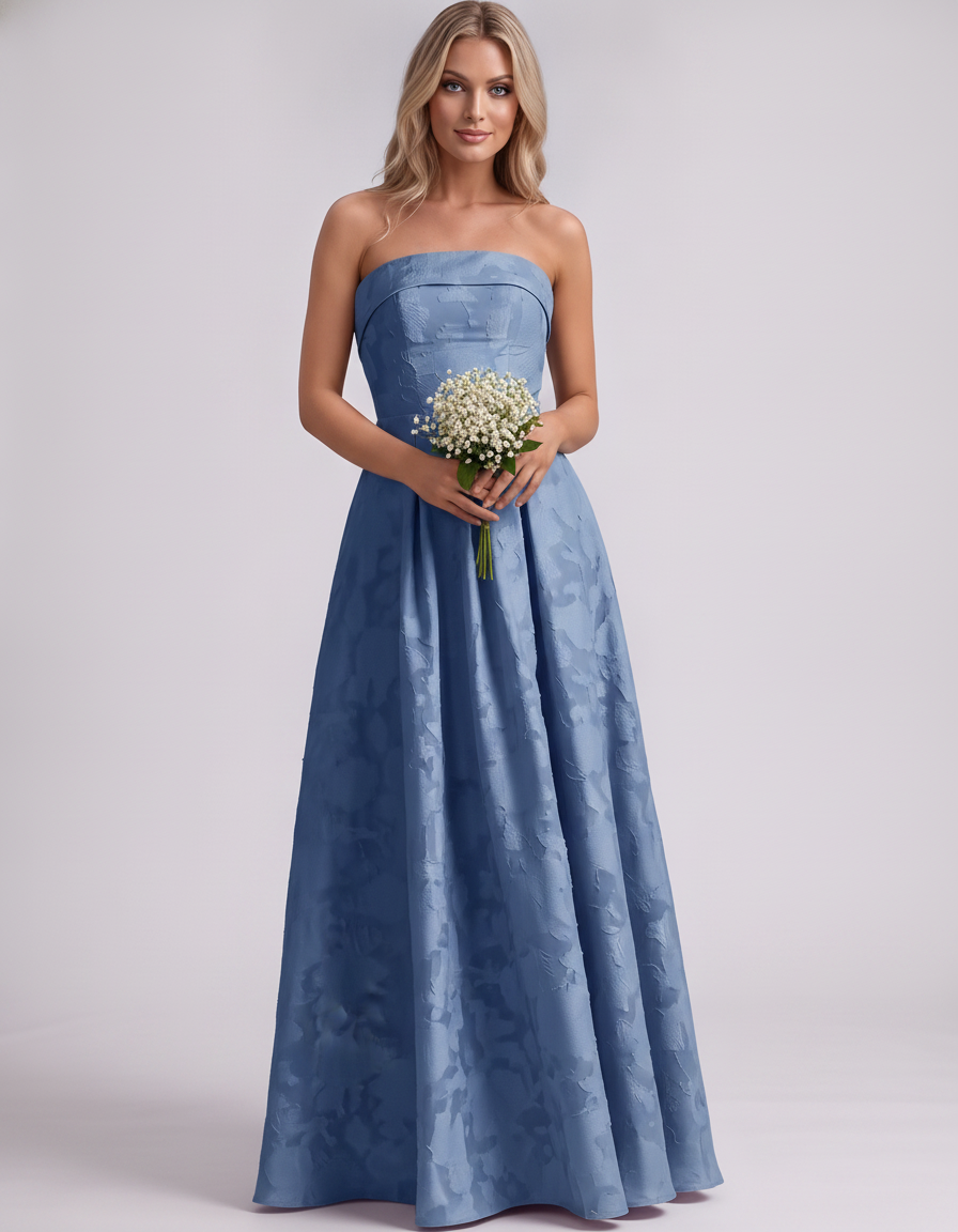 Dusty blue Floral Jacquard Strapless Straight Neck A-Line Maxi Dress | Ramblion | SKU: VM-583104726941852-DUSTYBLUE-L,VM-583104726941852-DUSTYBLUE-M,VM-583104726941852-DUSTYBLUE-S,VM-583104726941852-DUSTYBLUE-XL,VM-583104726941852-DUSTYBLUE-XS