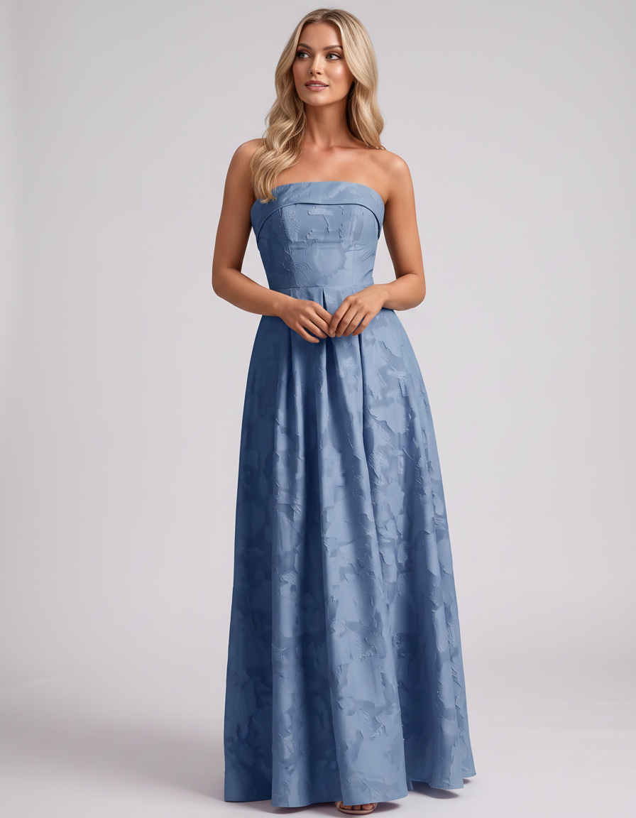 Dusty blue Floral Jacquard Strapless Straight Neck A-Line Maxi Dress | Ramblion | SKU: VM-583104726941852-DUSTYBLUE-L,VM-583104726941852-DUSTYBLUE-M,VM-583104726941852-DUSTYBLUE-S,VM-583104726941852-DUSTYBLUE-XL,VM-583104726941852-DUSTYBLUE-XS