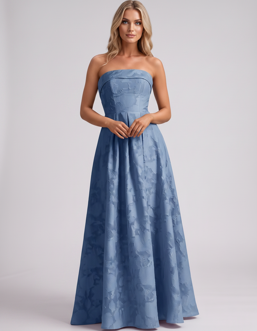 Dusty blue Floral Jacquard Strapless Straight Neck A-Line Maxi Dress | Ramblion | SKU: VM-583104726941852-DUSTYBLUE-L,VM-583104726941852-DUSTYBLUE-M,VM-583104726941852-DUSTYBLUE-S,VM-583104726941852-DUSTYBLUE-XL,VM-583104726941852-DUSTYBLUE-XS