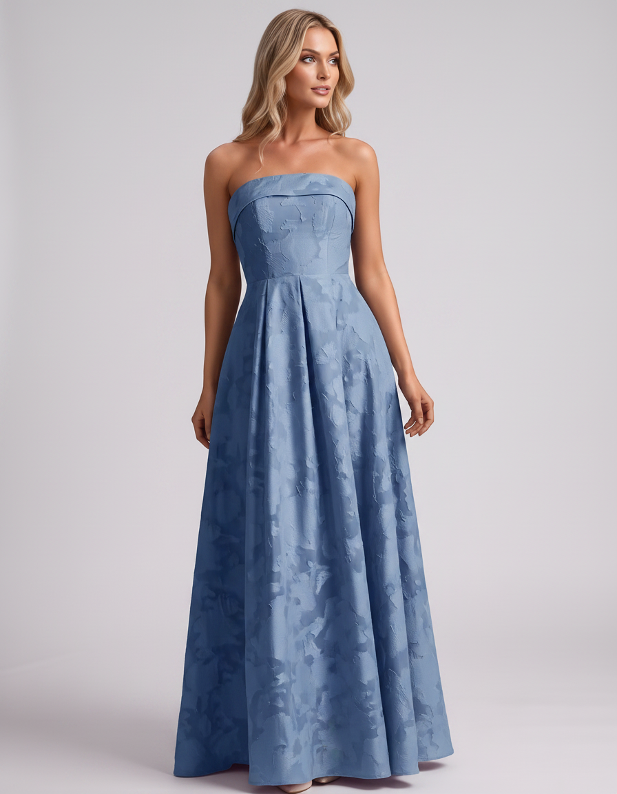 Dusty blue Floral Jacquard Strapless Straight Neck A-Line Maxi Dress | Ramblion | SKU: VM-583104726941852-DUSTYBLUE-L,VM-583104726941852-DUSTYBLUE-M,VM-583104726941852-DUSTYBLUE-S,VM-583104726941852-DUSTYBLUE-XL,VM-583104726941852-DUSTYBLUE-XS