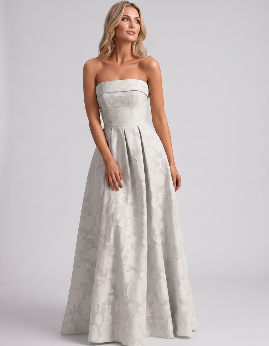 Ivory Floral Jacquard Strapless Straight Neck A-Line Maxi Dress | Ramblion | SKU: VM-583104726941852-IVORY-L,VM-583104726941852-IVORY-M,VM-583104726941852-IVORY-S,VM-583104726941852-IVORY-XL,VM-583104726941852-IVORY-XS