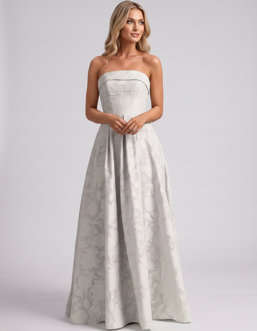 Ivory Floral Jacquard Strapless Straight Neck A-Line Maxi Dress | Ramblion | SKU: VM-583104726941852-IVORY-L,VM-583104726941852-IVORY-M,VM-583104726941852-IVORY-S,VM-583104726941852-IVORY-XL,VM-583104726941852-IVORY-XS