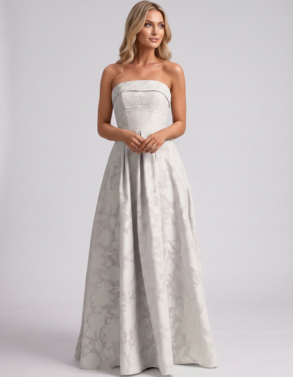 Ivory Floral Jacquard Strapless Straight Neck A-Line Maxi Dress | Ramblion | SKU: VM-583104726941852-IVORY-L,VM-583104726941852-IVORY-M,VM-583104726941852-IVORY-S,VM-583104726941852-IVORY-XL,VM-583104726941852-IVORY-XS