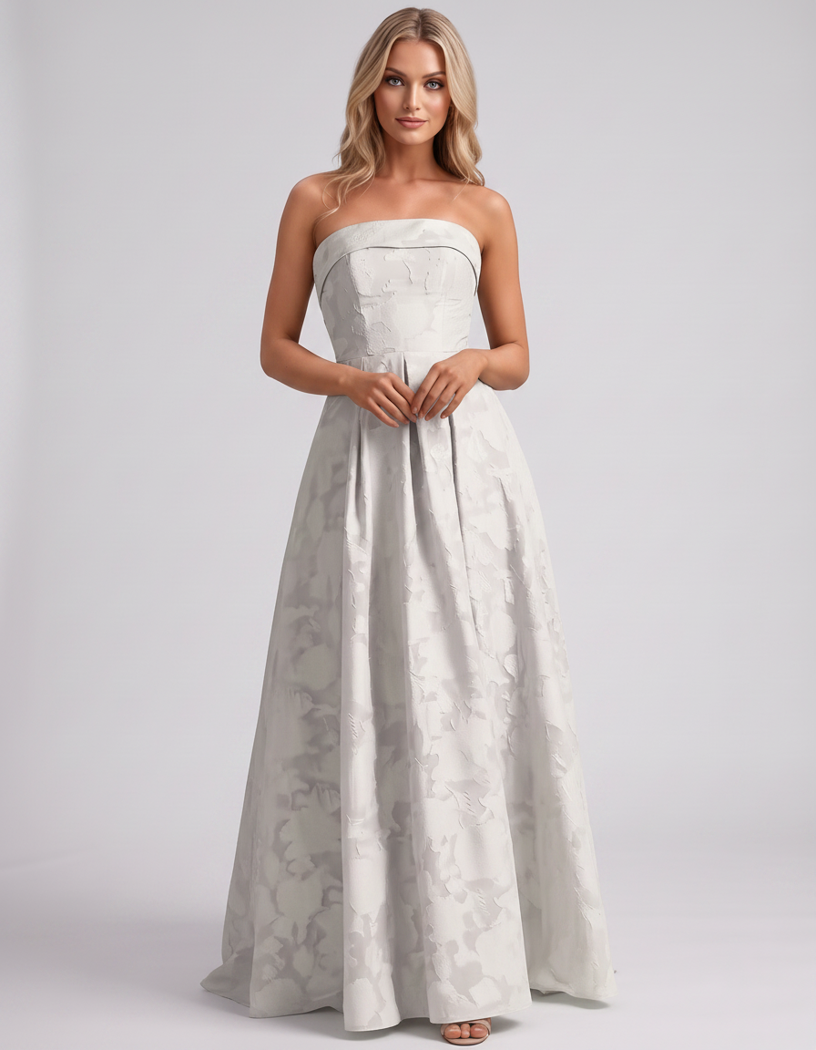 Ivory Floral Jacquard Strapless Straight Neck A-Line Maxi Dress | Ramblion | SKU: VM-583104726941852-IVORY-L,VM-583104726941852-IVORY-M,VM-583104726941852-IVORY-S,VM-583104726941852-IVORY-XL,VM-583104726941852-IVORY-XS