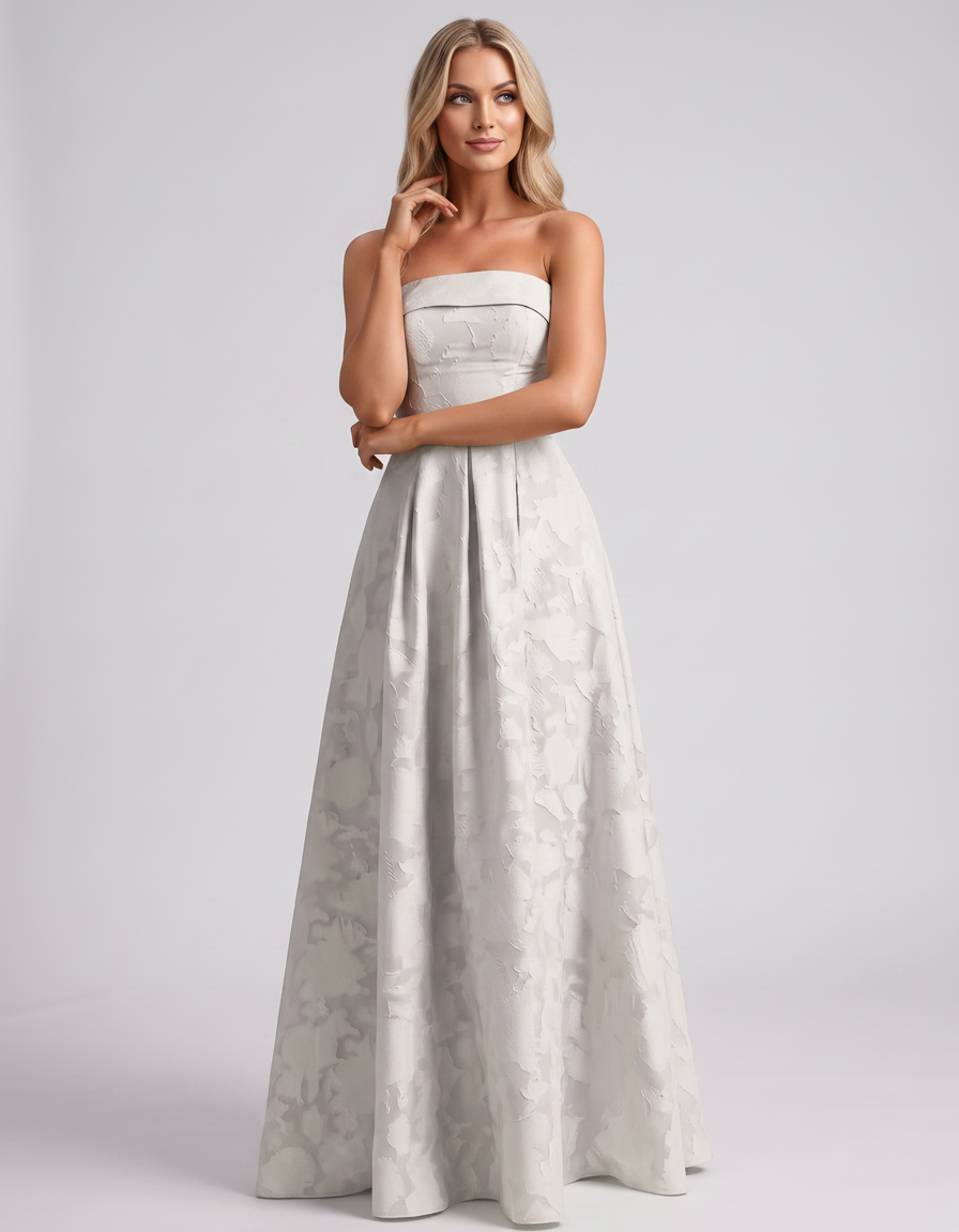 Ivory Floral Jacquard Strapless Straight Neck A-Line Maxi Dress | Ramblion | SKU: VM-583104726941852-IVORY-L,VM-583104726941852-IVORY-M,VM-583104726941852-IVORY-S,VM-583104726941852-IVORY-XL,VM-583104726941852-IVORY-XS
