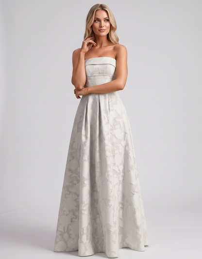 Ivory Floral Jacquard Strapless Straight Neck A-Line Maxi Dress | Ramblion | SKU: VM-583104726941852-IVORY-L,VM-583104726941852-IVORY-M,VM-583104726941852-IVORY-S,VM-583104726941852-IVORY-XL,VM-583104726941852-IVORY-XS