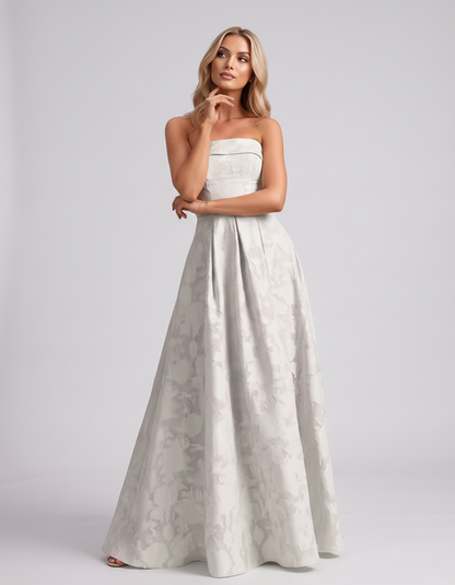 Ivory Floral Jacquard Strapless Straight Neck A-Line Maxi Dress | Ramblion | SKU: VM-583104726941852-IVORY-L,VM-583104726941852-IVORY-M,VM-583104726941852-IVORY-S,VM-583104726941852-IVORY-XL,VM-583104726941852-IVORY-XS