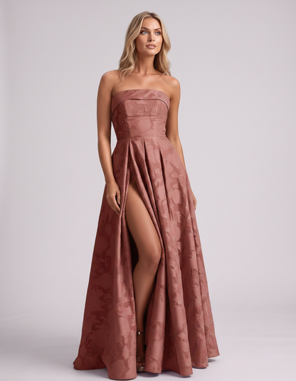 Dusty rose Floral Jacquard Strapless Straight Neck A-Line Maxi Dress | Ramblion | SKU: VM-583104726941852-DUSTYROSE-L,VM-583104726941852-DUSTYROSE-M,VM-583104726941852-DUSTYROSE-S,VM-583104726941852-DUSTYROSE-XL,VM-583104726941852-DUSTYROSE-XS