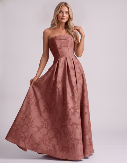 Dusty rose Floral Jacquard Strapless Straight Neck A-Line Maxi Dress | Ramblion | SKU: VM-583104726941852-DUSTYROSE-L,VM-583104726941852-DUSTYROSE-M,VM-583104726941852-DUSTYROSE-S,VM-583104726941852-DUSTYROSE-XL,VM-583104726941852-DUSTYROSE-XS