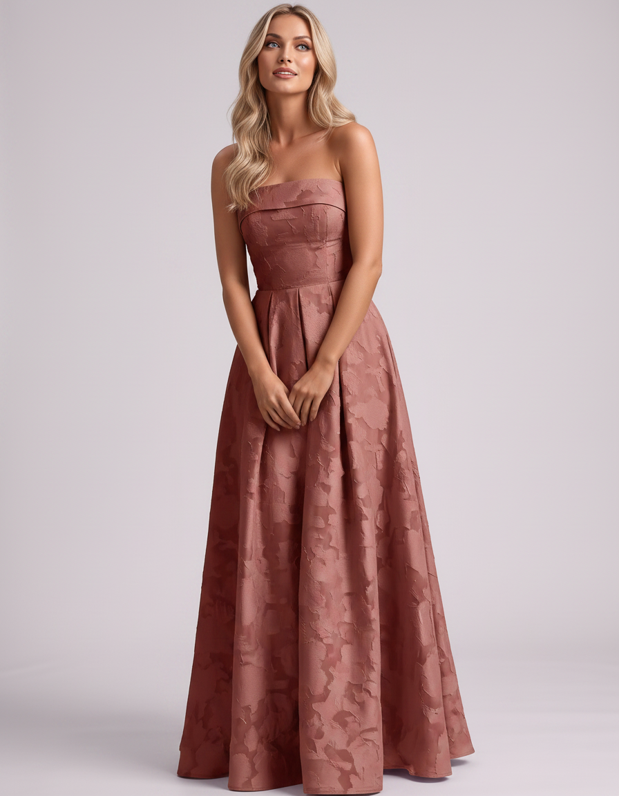 Dusty rose Floral Jacquard Strapless Straight Neck A-Line Maxi Dress | Ramblion | SKU: VM-583104726941852-DUSTYROSE-L,VM-583104726941852-DUSTYROSE-M,VM-583104726941852-DUSTYROSE-S,VM-583104726941852-DUSTYROSE-XL,VM-583104726941852-DUSTYROSE-XS