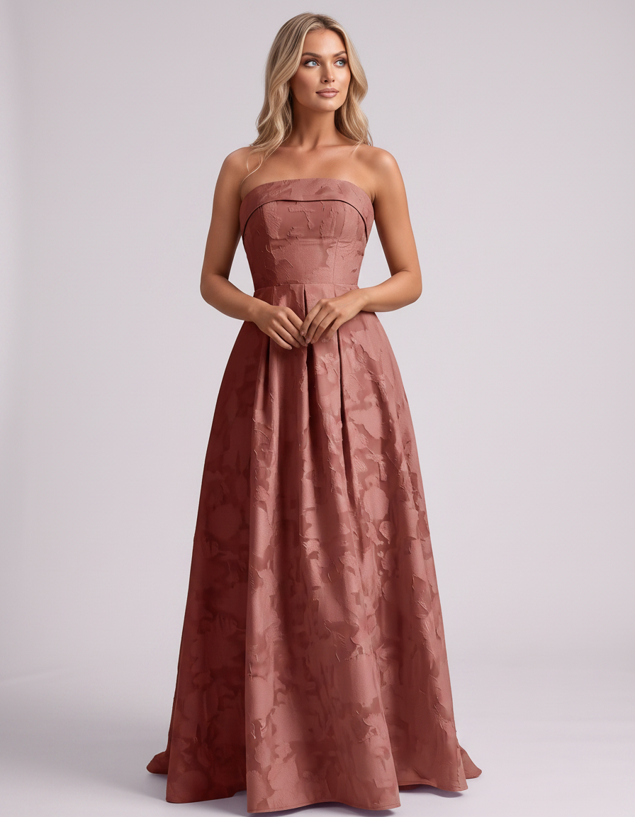 Dusty rose Floral Jacquard Strapless Straight Neck A-Line Maxi Dress | Ramblion | SKU: VM-583104726941852-DUSTYROSE-L,VM-583104726941852-DUSTYROSE-M,VM-583104726941852-DUSTYROSE-S,VM-583104726941852-DUSTYROSE-XL,VM-583104726941852-DUSTYROSE-XS