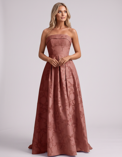 Dusty rose Floral Jacquard Strapless Straight Neck A-Line Maxi Dress | Ramblion | SKU: VM-583104726941852-DUSTYROSE-L,VM-583104726941852-DUSTYROSE-M,VM-583104726941852-DUSTYROSE-S,VM-583104726941852-DUSTYROSE-XL,VM-583104726941852-DUSTYROSE-XS