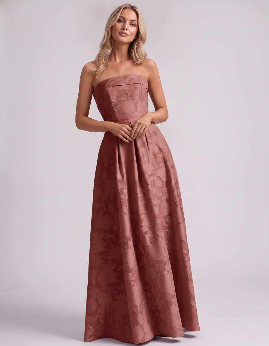 Dusty rose Floral Jacquard Strapless Straight Neck A-Line Maxi Dress | Ramblion | SKU: VM-583104726941852-DUSTYROSE-L,VM-583104726941852-DUSTYROSE-M,VM-583104726941852-DUSTYROSE-S,VM-583104726941852-DUSTYROSE-XL,VM-583104726941852-DUSTYROSE-XS