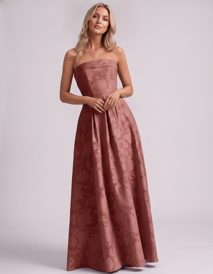 Dusty rose Floral Jacquard Strapless Straight Neck A-Line Maxi Dress | Ramblion | SKU: VM-583104726941852-DUSTYROSE-L,VM-583104726941852-DUSTYROSE-M,VM-583104726941852-DUSTYROSE-S,VM-583104726941852-DUSTYROSE-XL,VM-583104726941852-DUSTYROSE-XS