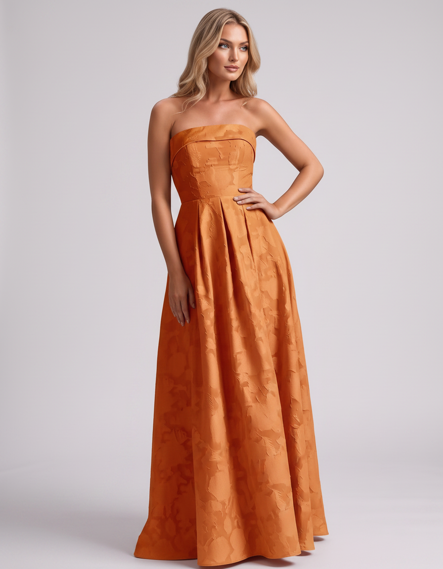 Orange Floral Jacquard Strapless Straight Neck A-Line Maxi Dress | Ramblion | SKU: VM-583104726941852-ORANGE-L,VM-583104726941852-ORANGE-M,VM-583104726941852-ORANGE-S,VM-583104726941852-ORANGE-XL,VM-583104726941852-ORANGE-XS