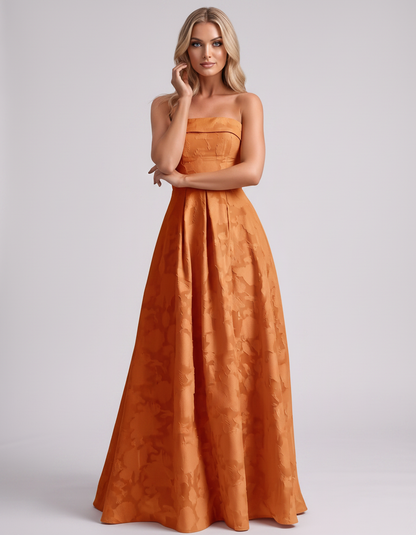 Orange Floral Jacquard Strapless Straight Neck A-Line Maxi Dress | Ramblion | SKU: VM-583104726941852-ORANGE-L,VM-583104726941852-ORANGE-M,VM-583104726941852-ORANGE-S,VM-583104726941852-ORANGE-XL,VM-583104726941852-ORANGE-XS