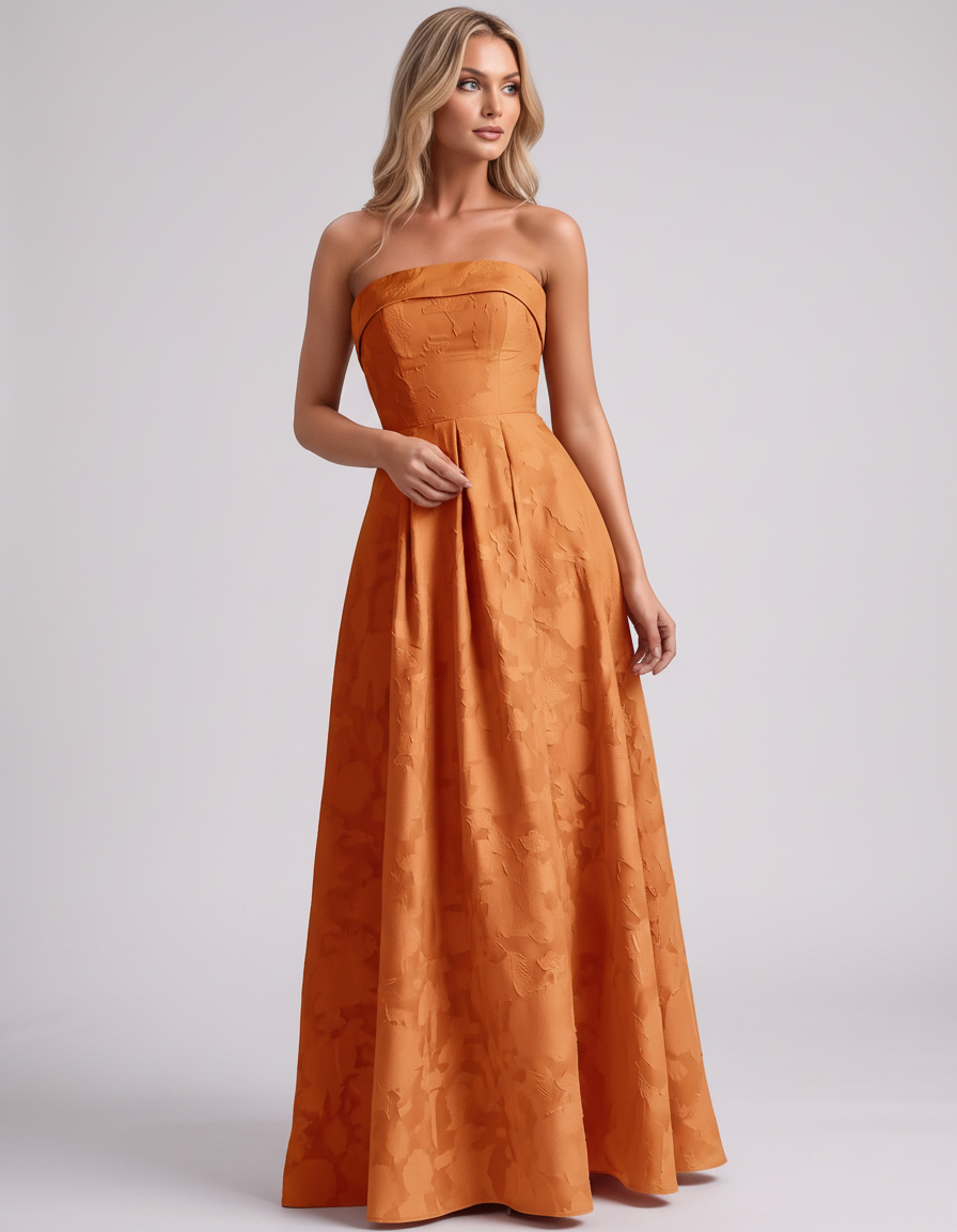 Orange Floral Jacquard Strapless Straight Neck A-Line Maxi Dress | Ramblion | SKU: VM-583104726941852-ORANGE-L,VM-583104726941852-ORANGE-M,VM-583104726941852-ORANGE-S,VM-583104726941852-ORANGE-XL,VM-583104726941852-ORANGE-XS