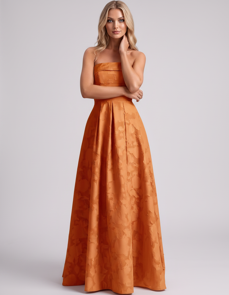 Orange Floral Jacquard Strapless Straight Neck A-Line Maxi Dress | Ramblion | SKU: VM-583104726941852-ORANGE-L,VM-583104726941852-ORANGE-M,VM-583104726941852-ORANGE-S,VM-583104726941852-ORANGE-XL,VM-583104726941852-ORANGE-XS