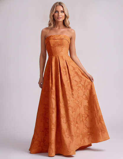 Orange Floral Jacquard Strapless Straight Neck A-Line Maxi Dress | Ramblion | SKU: VM-583104726941852-ORANGE-L,VM-583104726941852-ORANGE-M,VM-583104726941852-ORANGE-S,VM-583104726941852-ORANGE-XL,VM-583104726941852-ORANGE-XS