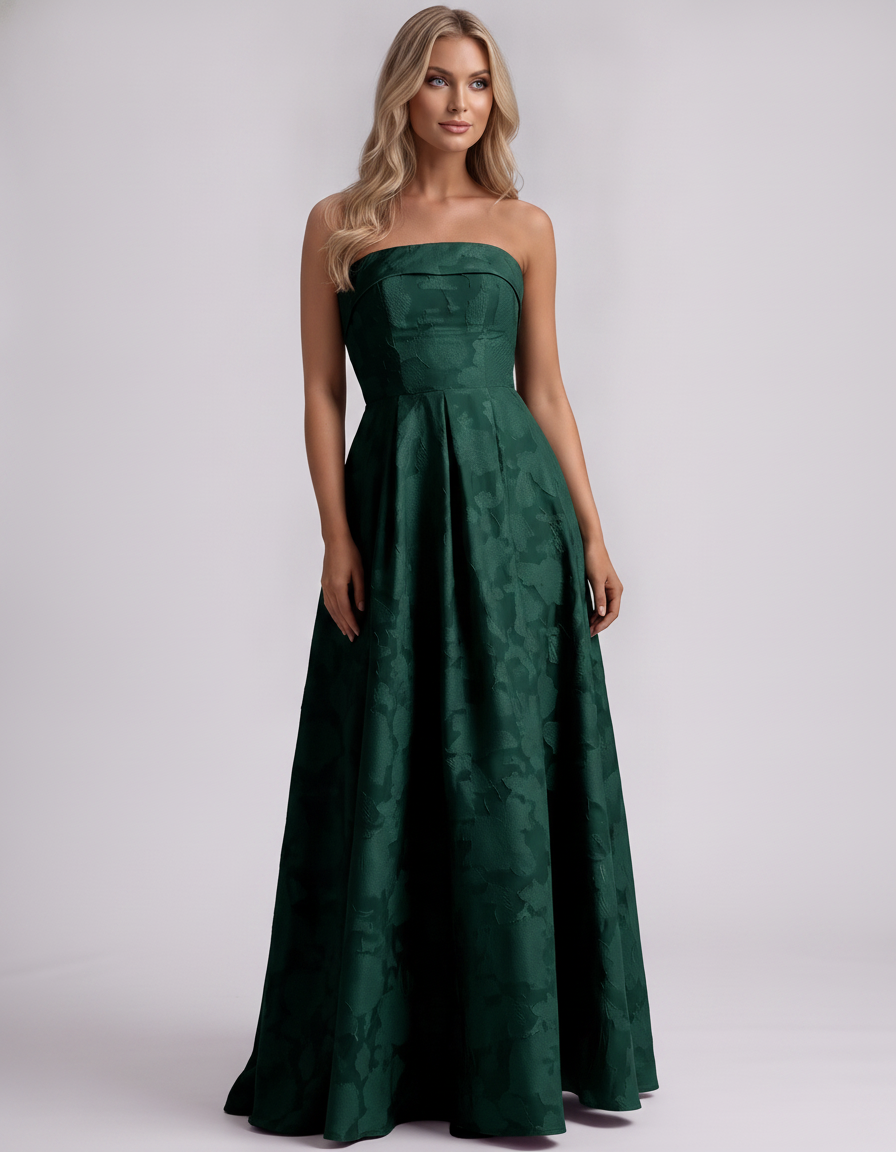 Emerald Floral Jacquard Strapless Straight Neck A-Line Maxi Dress | Ramblion | SKU: VM-583104726941852-EMERALD-L,VM-583104726941852-EMERALD-M,VM-583104726941852-EMERALD-S,VM-583104726941852-EMERALD-XL,VM-583104726941852-EMERALD-XS