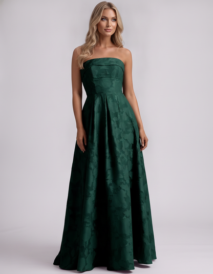 Emerald Floral Jacquard Strapless Straight Neck A-Line Maxi Dress | Ramblion | SKU: VM-583104726941852-EMERALD-L,VM-583104726941852-EMERALD-M,VM-583104726941852-EMERALD-S,VM-583104726941852-EMERALD-XL,VM-583104726941852-EMERALD-XS