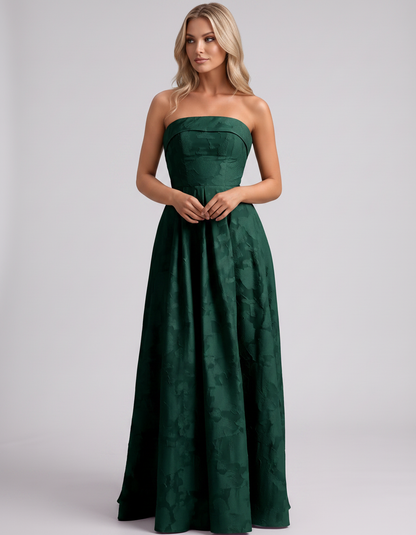 Emerald Floral Jacquard Strapless Straight Neck A-Line Maxi Dress | Ramblion | SKU: VM-583104726941852-EMERALD-L,VM-583104726941852-EMERALD-M,VM-583104726941852-EMERALD-S,VM-583104726941852-EMERALD-XL,VM-583104726941852-EMERALD-XS