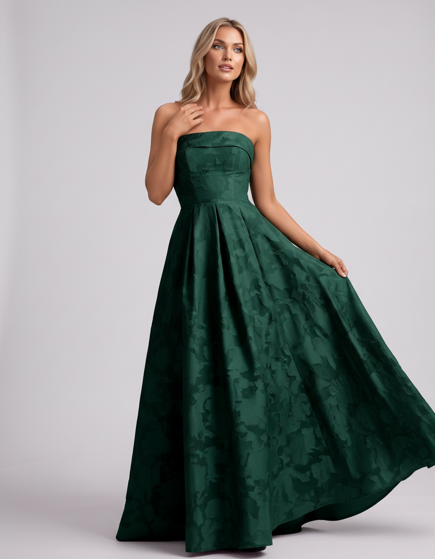 Emerald Floral Jacquard Strapless Straight Neck A-Line Maxi Dress | Ramblion | SKU: VM-583104726941852-EMERALD-L,VM-583104726941852-EMERALD-M,VM-583104726941852-EMERALD-S,VM-583104726941852-EMERALD-XL,VM-583104726941852-EMERALD-XS