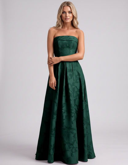 Emerald Floral Jacquard Strapless Straight Neck A-Line Maxi Dress | Ramblion | SKU: VM-583104726941852-EMERALD-L,VM-583104726941852-EMERALD-M,VM-583104726941852-EMERALD-S,VM-583104726941852-EMERALD-XL,VM-583104726941852-EMERALD-XS
