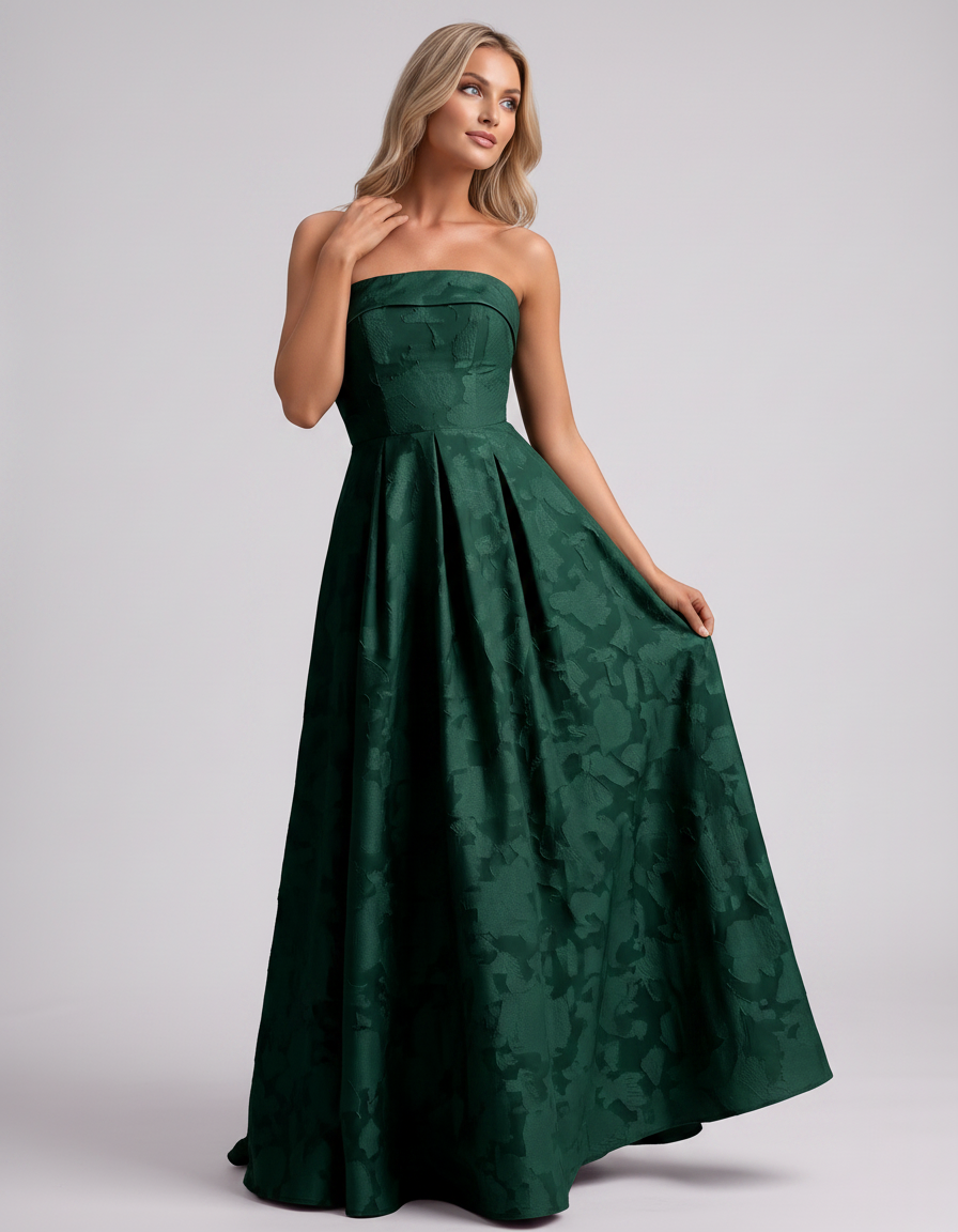 Emerald Floral Jacquard Strapless Straight Neck A-Line Maxi Dress | Ramblion | SKU: VM-583104726941852-EMERALD-L,VM-583104726941852-EMERALD-M,VM-583104726941852-EMERALD-S,VM-583104726941852-EMERALD-XL,VM-583104726941852-EMERALD-XS