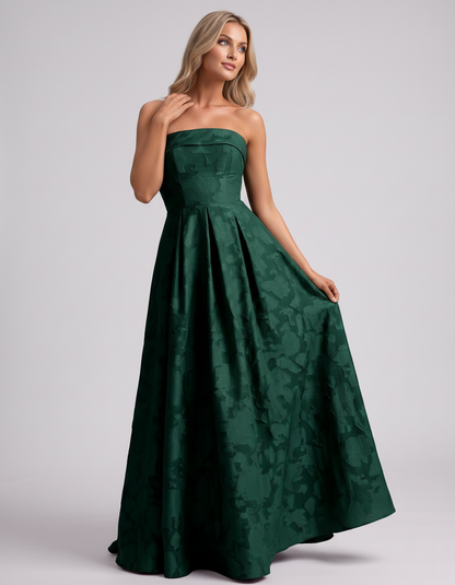 Emerald Floral Jacquard Strapless Straight Neck A-Line Maxi Dress | Ramblion | SKU: VM-583104726941852-EMERALD-L,VM-583104726941852-EMERALD-M,VM-583104726941852-EMERALD-S,VM-583104726941852-EMERALD-XL,VM-583104726941852-EMERALD-XS