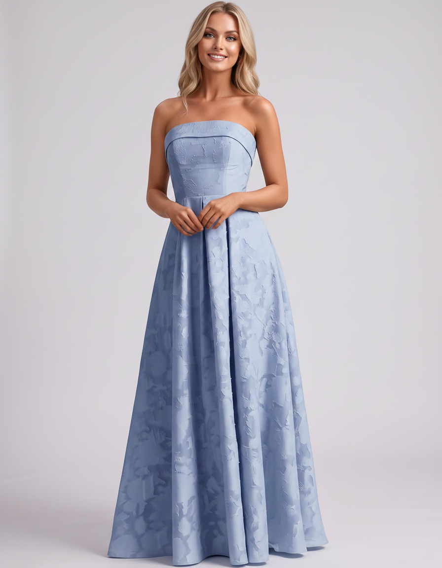 Light blue Floral Jacquard Strapless Straight Neck A-Line Maxi Dress | Ramblion | SKU: VM-583104726941852-LIGHTBLUE-L,VM-583104726941852-LIGHTBLUE-M,VM-583104726941852-LIGHTBLUE-S,VM-583104726941852-LIGHTBLUE-XL,VM-583104726941852-LIGHTBLUE-XS