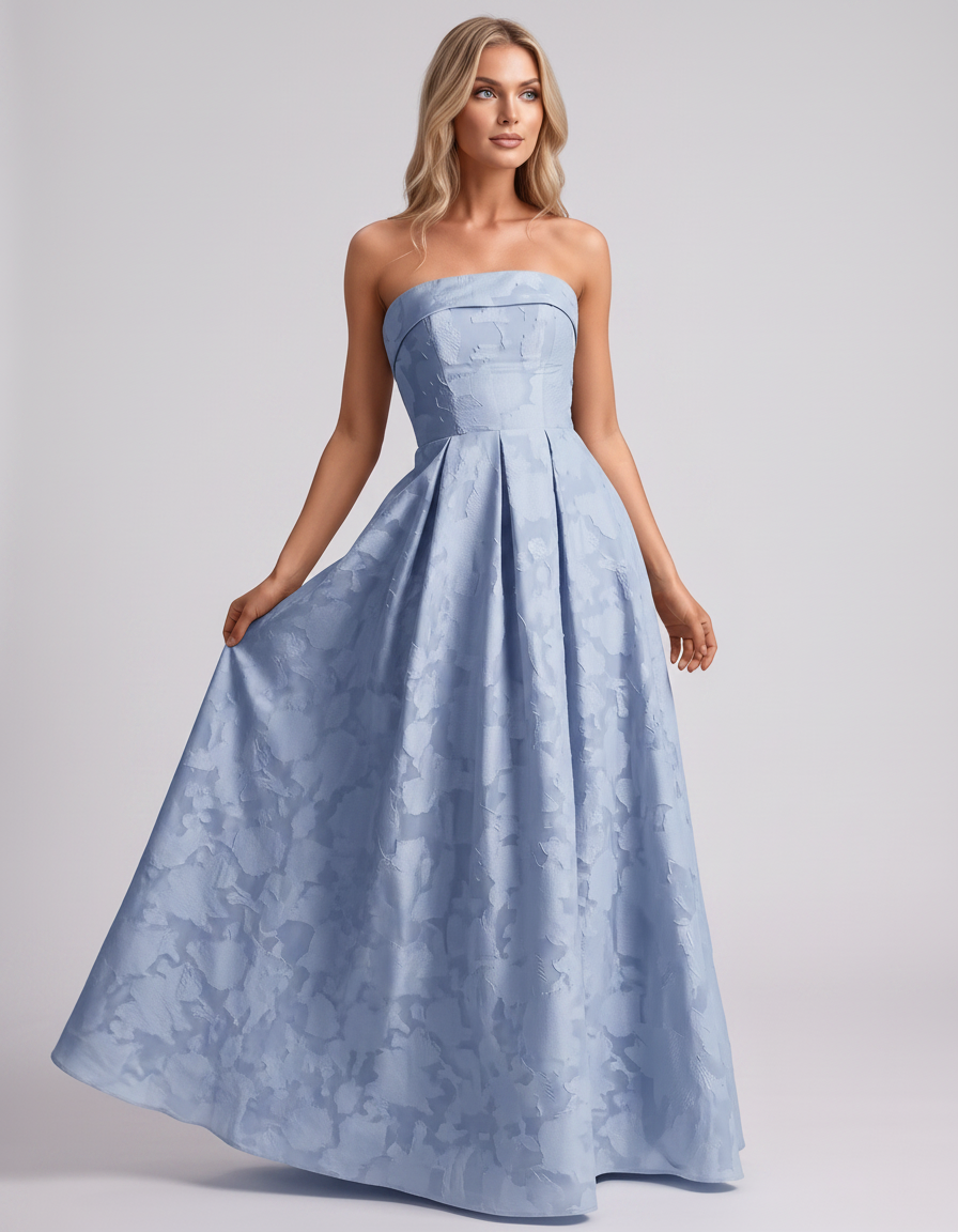 Light blue Floral Jacquard Strapless Straight Neck A-Line Maxi Dress | Ramblion | SKU: VM-583104726941852-LIGHTBLUE-L,VM-583104726941852-LIGHTBLUE-M,VM-583104726941852-LIGHTBLUE-S,VM-583104726941852-LIGHTBLUE-XL,VM-583104726941852-LIGHTBLUE-XS