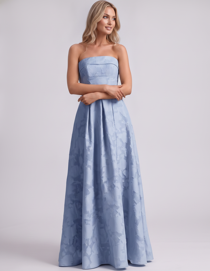 Light blue Floral Jacquard Strapless Straight Neck A-Line Maxi Dress | Ramblion | SKU: VM-583104726941852-LIGHTBLUE-L,VM-583104726941852-LIGHTBLUE-M,VM-583104726941852-LIGHTBLUE-S,VM-583104726941852-LIGHTBLUE-XL,VM-583104726941852-LIGHTBLUE-XS