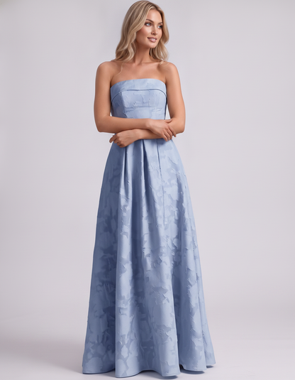 Light blue Floral Jacquard Strapless Straight Neck A-Line Maxi Dress | Ramblion | SKU: VM-583104726941852-LIGHTBLUE-L,VM-583104726941852-LIGHTBLUE-M,VM-583104726941852-LIGHTBLUE-S,VM-583104726941852-LIGHTBLUE-XL,VM-583104726941852-LIGHTBLUE-XS