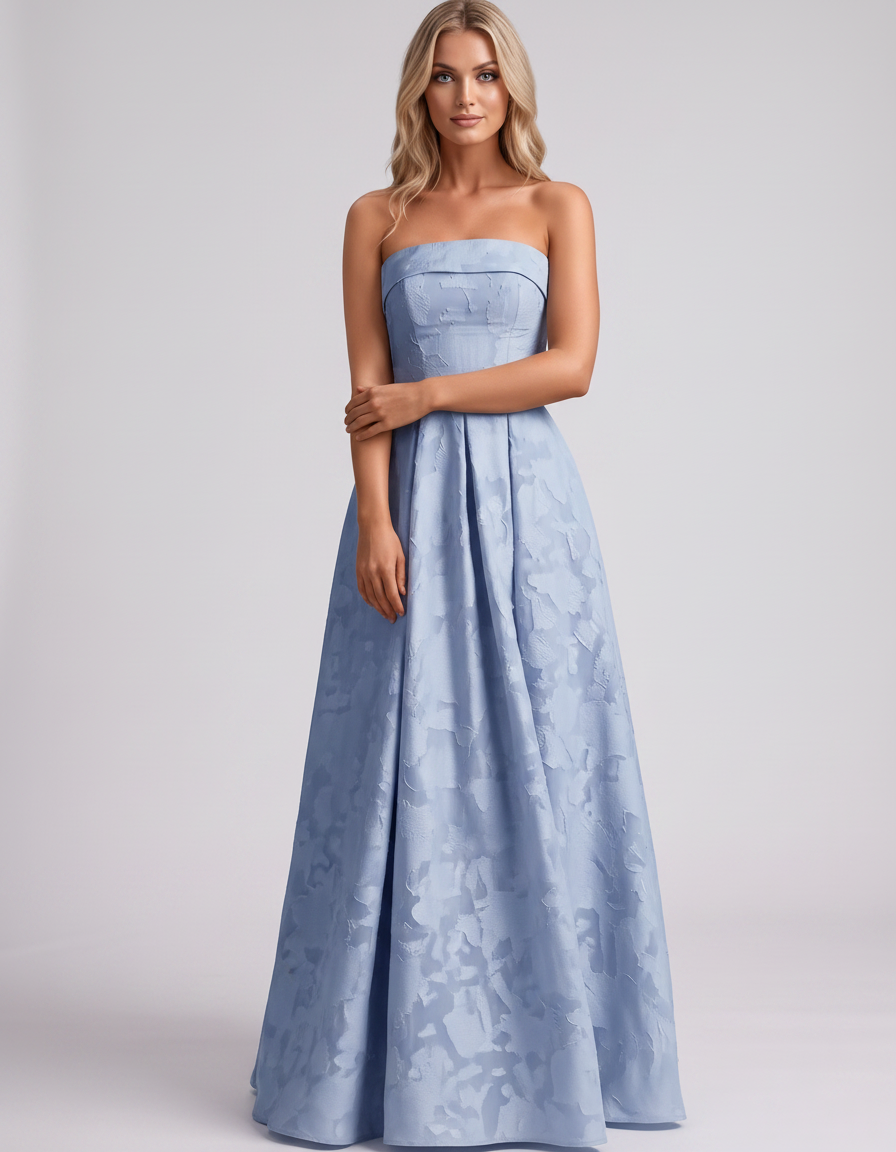 Light blue Floral Jacquard Strapless Straight Neck A-Line Maxi Dress | Ramblion | SKU: VM-583104726941852-LIGHTBLUE-L,VM-583104726941852-LIGHTBLUE-M,VM-583104726941852-LIGHTBLUE-S,VM-583104726941852-LIGHTBLUE-XL,VM-583104726941852-LIGHTBLUE-XS