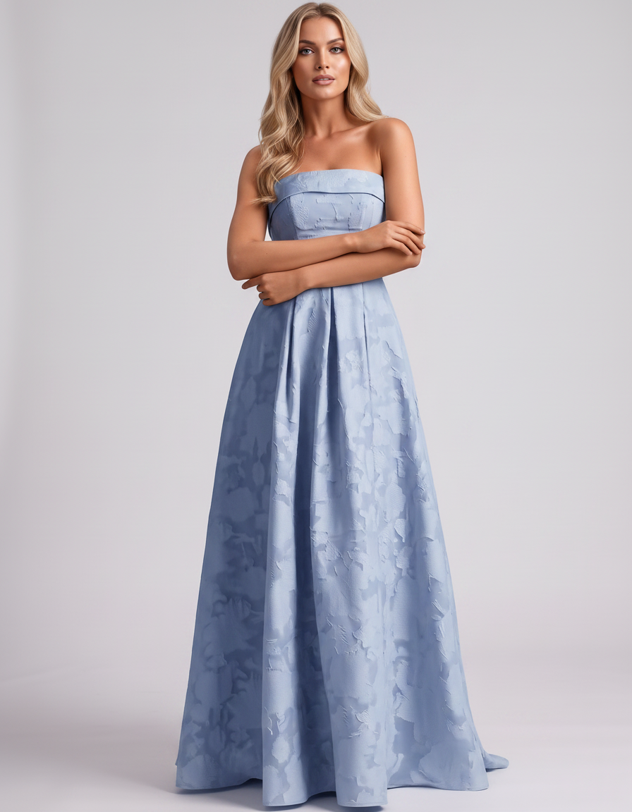 Light blue Floral Jacquard Strapless Straight Neck A-Line Maxi Dress | Ramblion | SKU: VM-583104726941852-LIGHTBLUE-L,VM-583104726941852-LIGHTBLUE-M,VM-583104726941852-LIGHTBLUE-S,VM-583104726941852-LIGHTBLUE-XL,VM-583104726941852-LIGHTBLUE-XS