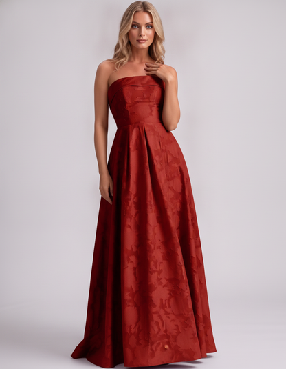 Red Floral Jacquard Strapless Straight Neck A-Line Maxi Dress | Ramblion | SKU: VM-583104726941852-RED-L,VM-583104726941852-RED-M,VM-583104726941852-RED-S,VM-583104726941852-RED-XL,VM-583104726941852-RED-XS
