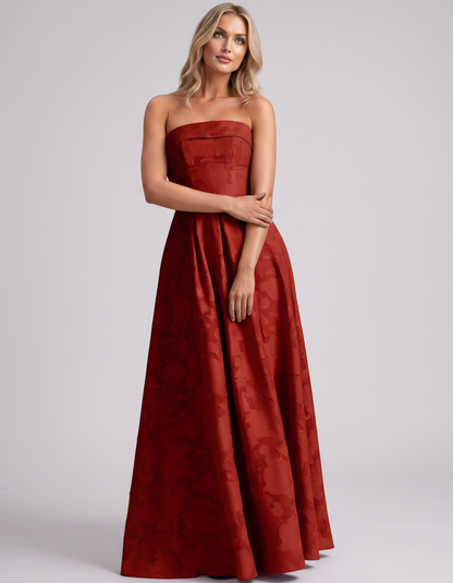 Red Floral Jacquard Strapless Straight Neck A-Line Maxi Dress | Ramblion | SKU: VM-583104726941852-RED-L,VM-583104726941852-RED-M,VM-583104726941852-RED-S,VM-583104726941852-RED-XL,VM-583104726941852-RED-XS