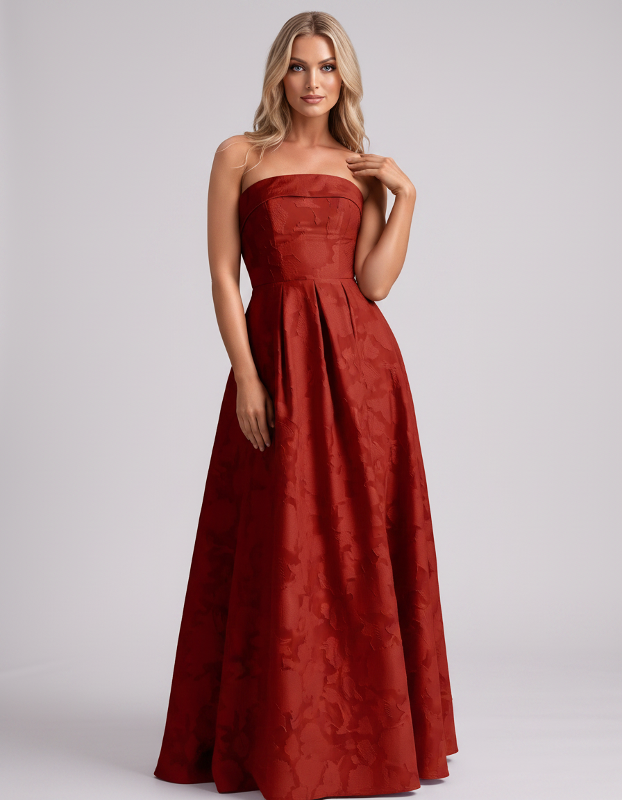 Red Floral Jacquard Strapless Straight Neck A-Line Maxi Dress | Ramblion | SKU: VM-583104726941852-RED-L,VM-583104726941852-RED-M,VM-583104726941852-RED-S,VM-583104726941852-RED-XL,VM-583104726941852-RED-XS