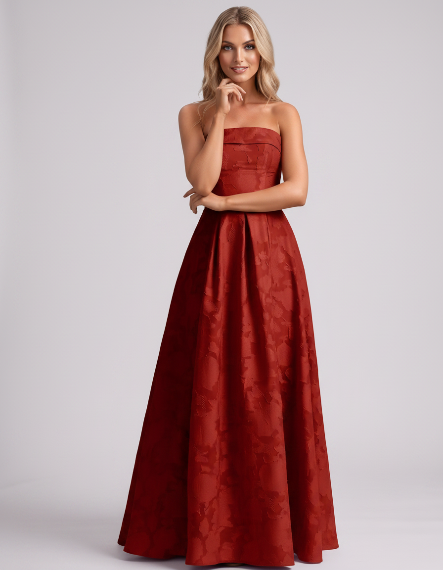 Red Floral Jacquard Strapless Straight Neck A-Line Maxi Dress | Ramblion | SKU: VM-583104726941852-RED-L,VM-583104726941852-RED-M,VM-583104726941852-RED-S,VM-583104726941852-RED-XL,VM-583104726941852-RED-XS