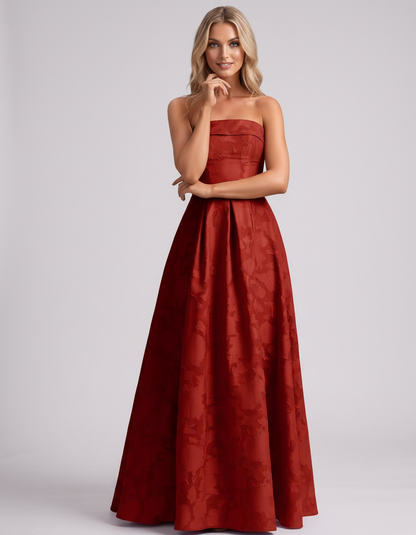 Red Floral Jacquard Strapless Straight Neck A-Line Maxi Dress | Ramblion | SKU: VM-583104726941852-RED-L,VM-583104726941852-RED-M,VM-583104726941852-RED-S,VM-583104726941852-RED-XL,VM-583104726941852-RED-XS