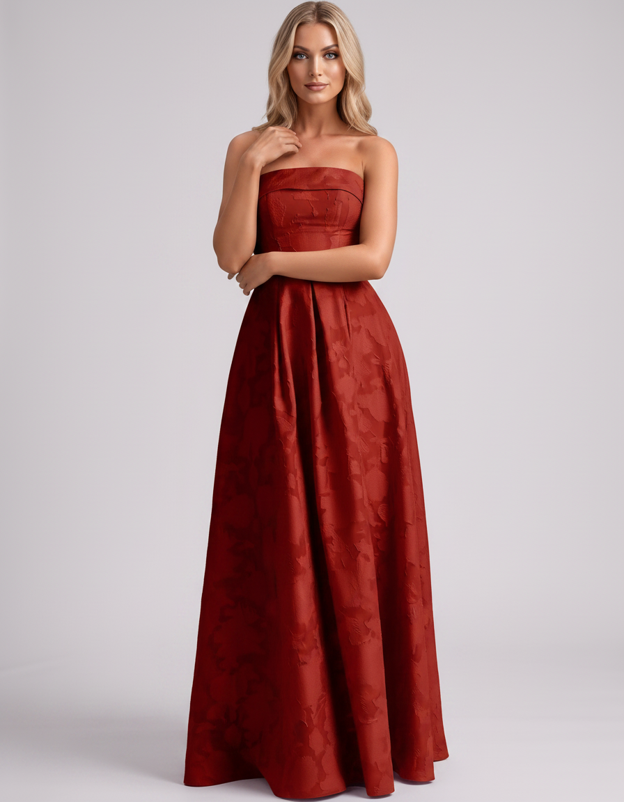 Red Floral Jacquard Strapless Straight Neck A-Line Maxi Dress | Ramblion | SKU: VM-583104726941852-RED-L,VM-583104726941852-RED-M,VM-583104726941852-RED-S,VM-583104726941852-RED-XL,VM-583104726941852-RED-XS
